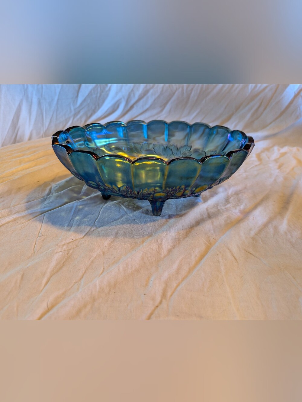2/70$ Indiana Glass Blue Iridescent Carnival Glass Footed Bowl